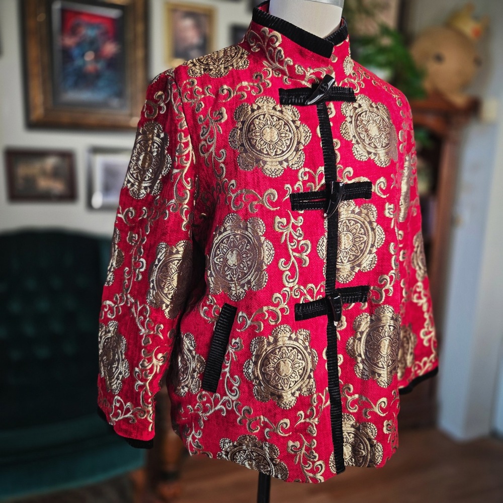 Qingguonushen Red Gold Brocade Jacket Vintage Style Frog Closure Quilted Coat XL - Picture 1 of 6